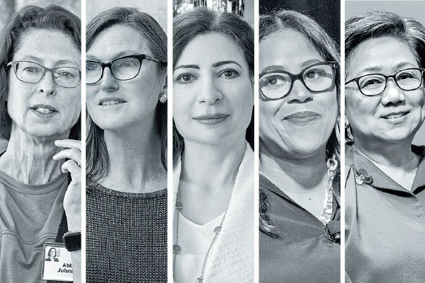 <p>Abigail “Abby” Johnson presidenta y CEO de Fidelity Investments. Cathie Wood fundadora y directora ejecutiva de Ark Invest. Hana Al Rostamani CEO de Abu Dhabi Bank, el banco número uno por activos de Emiratos Árabes Unidos. Thasunda Brown Duckett Presidenta y directora ejecutiva de TIAA (ex Chase Consumer Banking). Laura Cha Presidenta de la Bolsa de Valores de Hong Kong (ex HSBC Asia Pacific). Foto: Bloomberg</p>