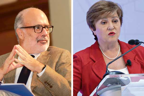 <p>Rodrigo Valdés, exministro de Hacienda y hoy académico en la UC. Kristalina Georgieva, directora gerente del Fondo Monetario Internacional. Foto: Julio Castro y Archivo</p>