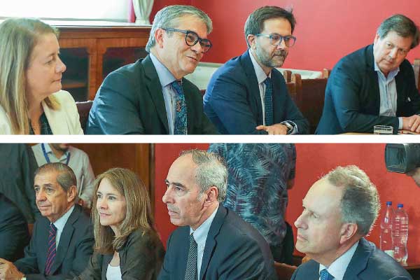 <p>El ministro Marcel lideró la conversación con los dirigentes del sector empresarial. Fernando Alvear, Susana Jiménez, Ricardo Mewes, por la CPC, junto a José Manuel Mena, de la Asociación de Bancos.</p>