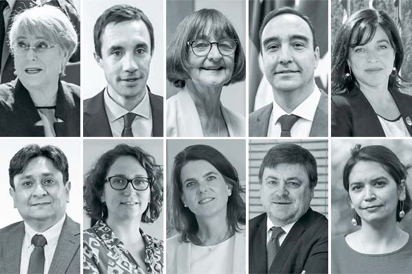 <p>Michelle Bachelet expresidenta de la república; Juan Carlos Jobet exministro del Gobierno de Sebastián Piñera; Rosa Devés rectora de la U. de Chile; Jorge Flies gobernador de Magallanes y la Antártica; Marcela Angulo directora de la unidad de la U. de Concepción en Santiago; Ricardo Díaz gobernador regional de Antofagasta; Anahí Urquiza académica de la U. de Chile; Bettina Horst máster en economía de la PUC; Hernán de Solminihac exministro de Obras Públicas; Cristina Dorador, exconvencional Fotos: Julio Castro y Archivo </p>