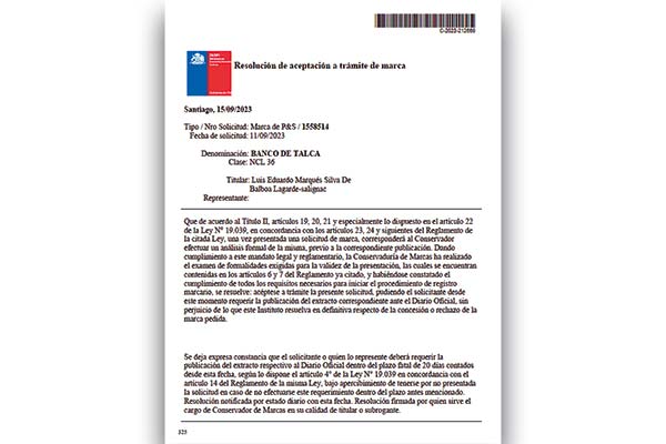 Marqués Silva De Balboa pide el registro de la marca Banco de Talca