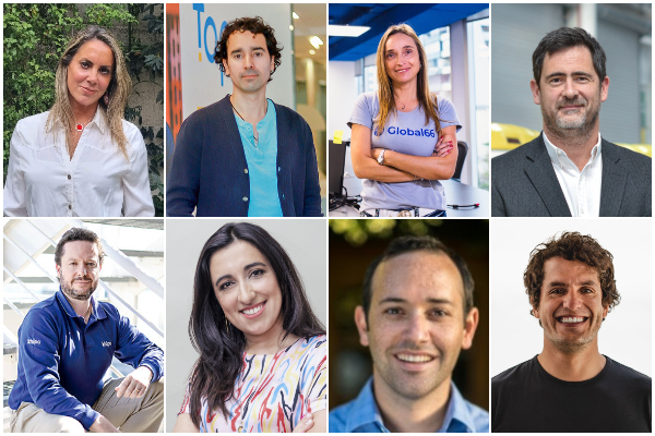 <p>La mesa directiva de FinteChile. En la parte superior de izquierda a derecha, la directora legal de Kushki, Carolina Alvarado; el CEO de Tapp, José Gabriel Carrasco; la regional legal manager de Global66, Lorena Silva; y el head of Government Relations de Mercado Libre-Mercado Pago, Cristóbal Aninat. En la parte baja, de izquierda a derecha, el director ejecutivo de Khipu, Roberto Opazo; la gerente de operaciones de Buda.com, Jazmín Jorquera; el country manager de Dlocal, Matías Fontecilla; y el CEO de Fintoc, Cristóbal Griffero.</p>