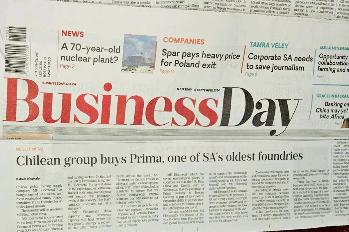 <p>Compra de fundición Prima por Elecmetal es titular en diario sudafricano</p>