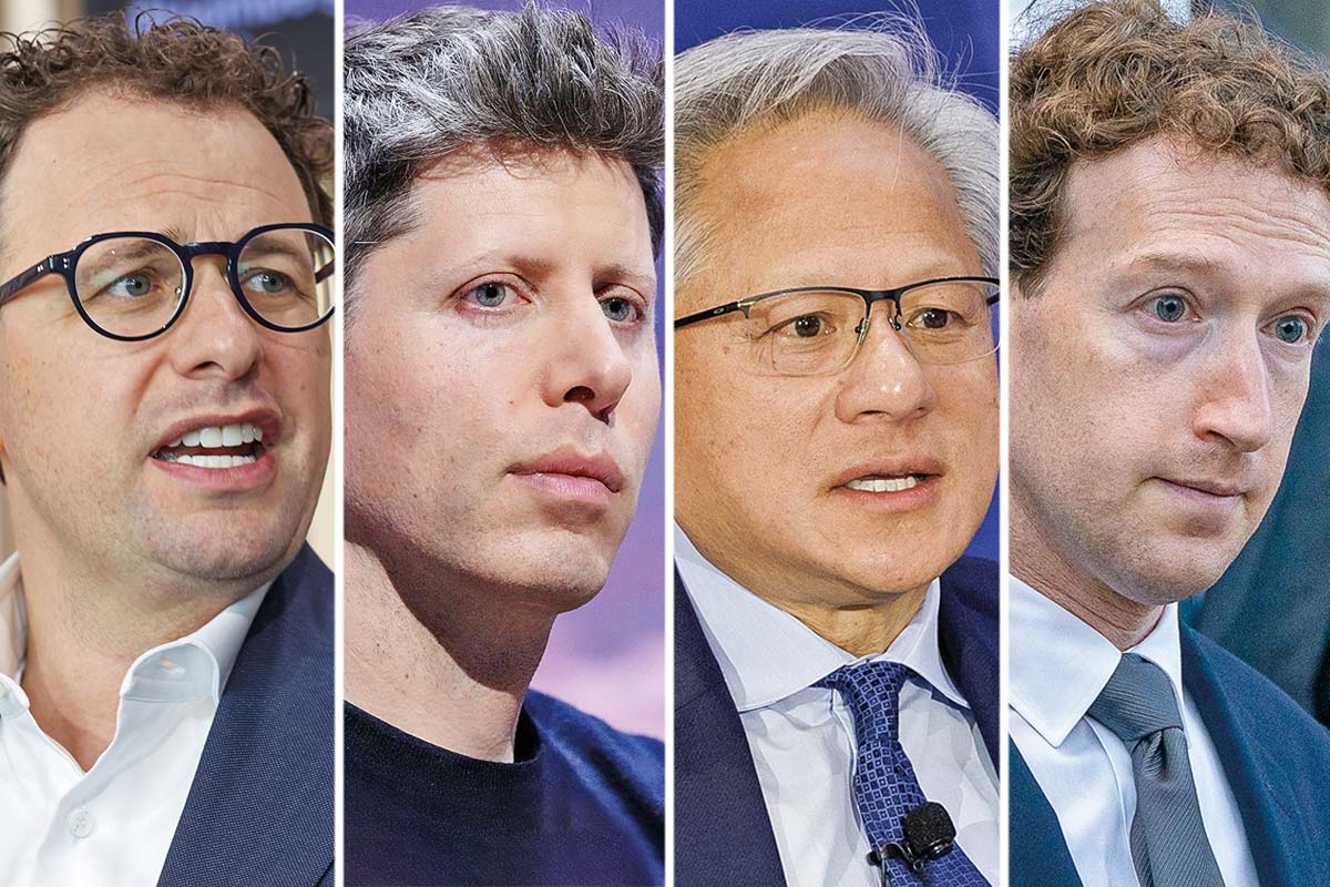 A favor: Dario Amodei, Anthropic; Sam Altman, OpenAI. En contra: Mark Zuckerberg, Meta y Jensen Huang Nvidia. Fotos: Bloomberg